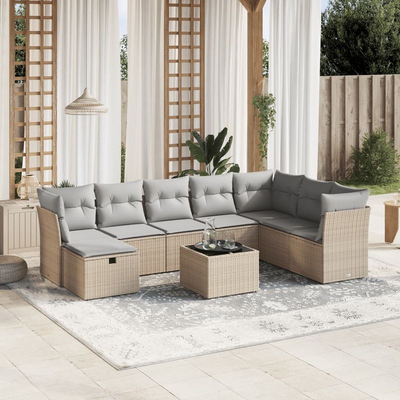 Casa si Gradina - Gradina si terasa - Mobilier exterior - Seturi mobila gradina - Set canapele de gradina, 9 piese, cu perne, bej, poliratan - Infinity.ro