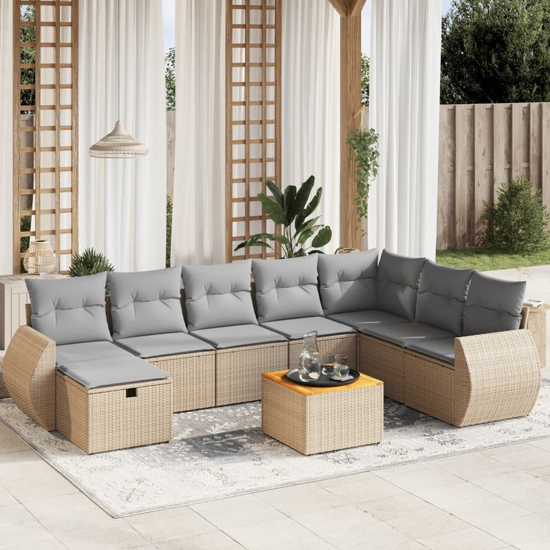 Casa si Gradina - Gradina si terasa - Mobilier exterior - Seturi mobila gradina - Set canapele de gradina, 9 piese, cu perne, bej, poliratan - Infinity.ro