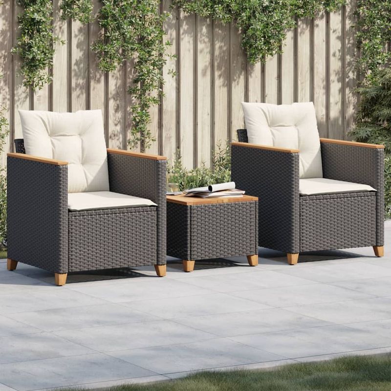 Casa si Gradina - Gradina si terasa - Mobilier exterior - Seturi mobila gradina - Set bistro cu perne, 3 piese, negru, poliratan si lemn acacia - Infinity.ro