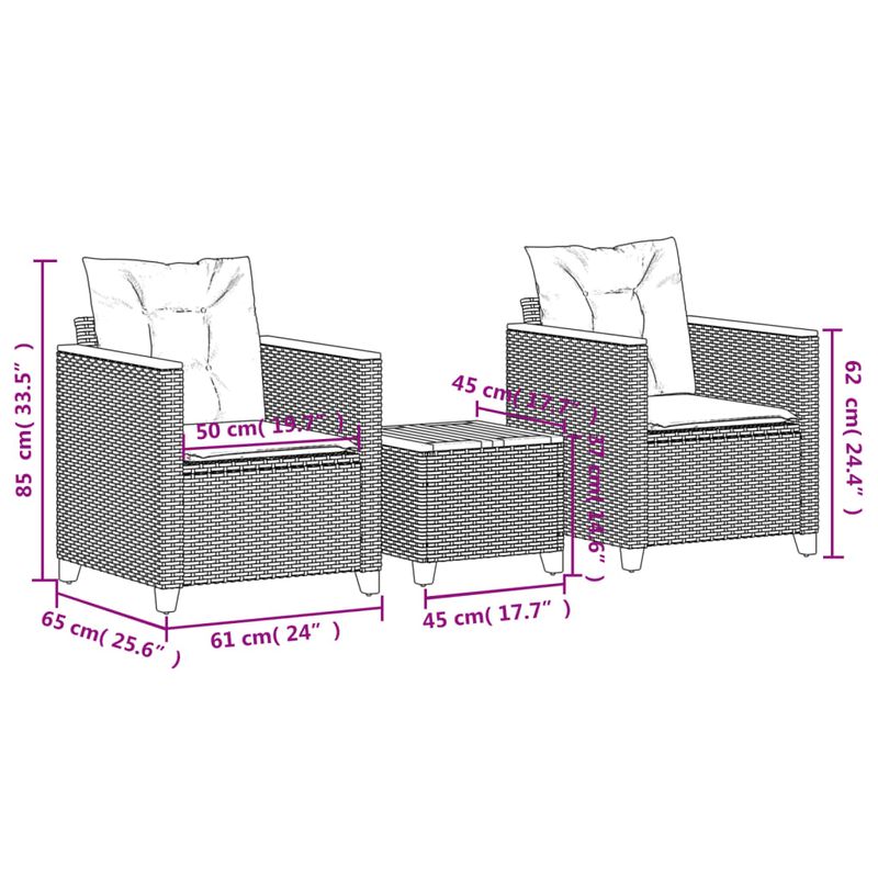 Casa si Gradina - Gradina si terasa - Mobilier exterior - Seturi mobila gradina - Set bistro cu perne, 3 piese, negru, poliratan si lemn acacia - Infinity.ro