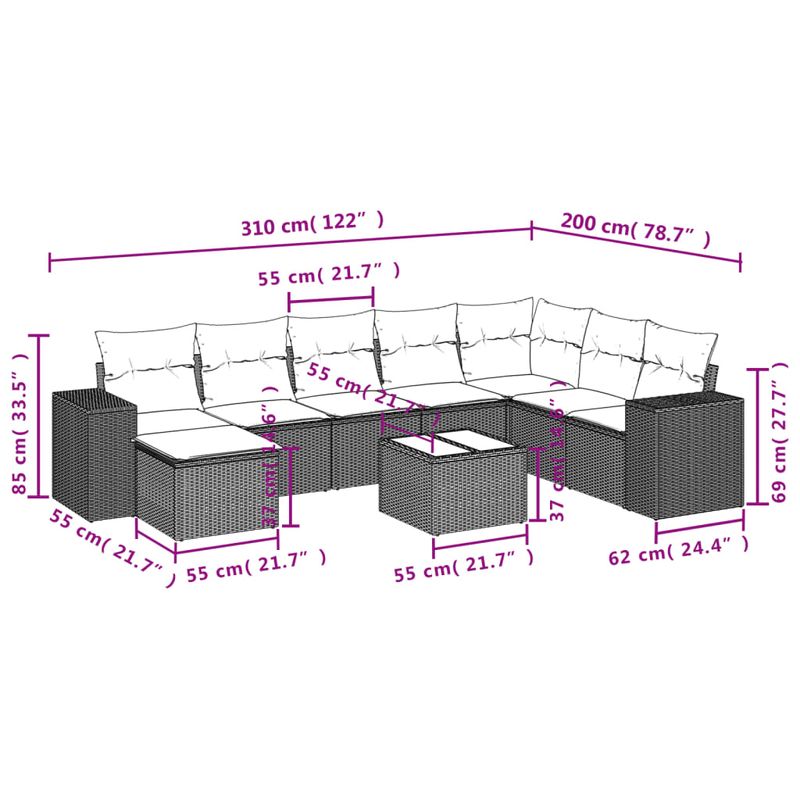 Casa si Gradina - Gradina si terasa - Mobilier exterior - Seturi mobila gradina - Set mobilier de gradina cu perne, 9 piese, negru, poliratan - Infinity.ro