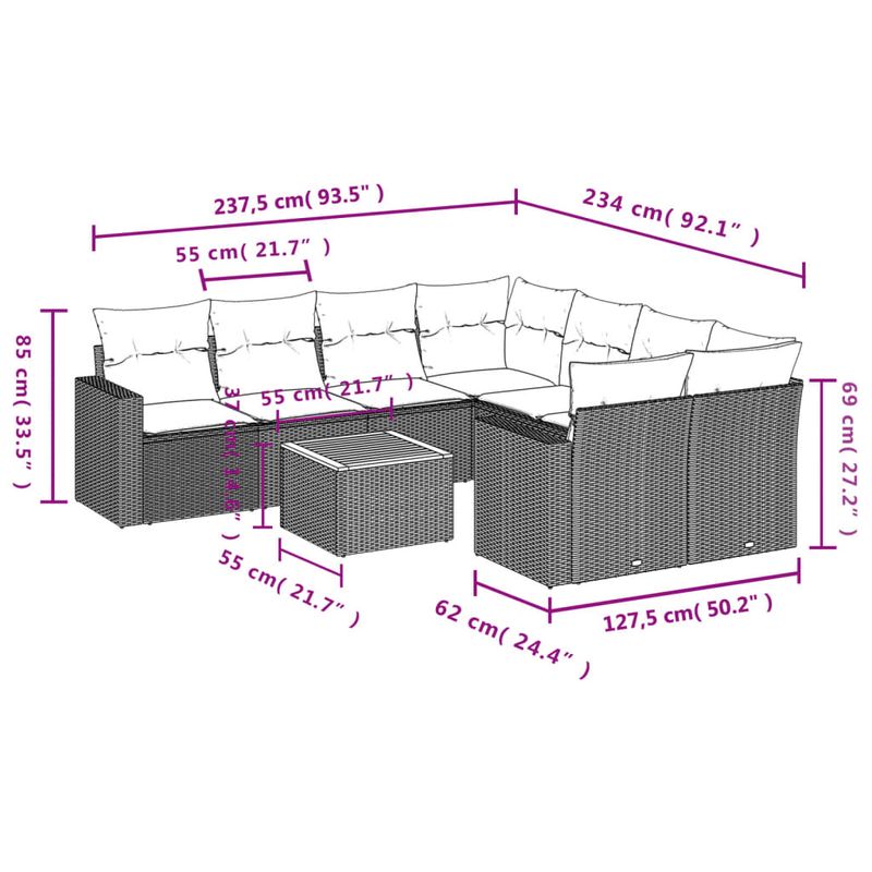 Casa si Gradina - Gradina si terasa - Mobilier exterior - Seturi mobila gradina - Set canapele de gradina, 9 piese, cu perne, gri, poliratan - Infinity.ro