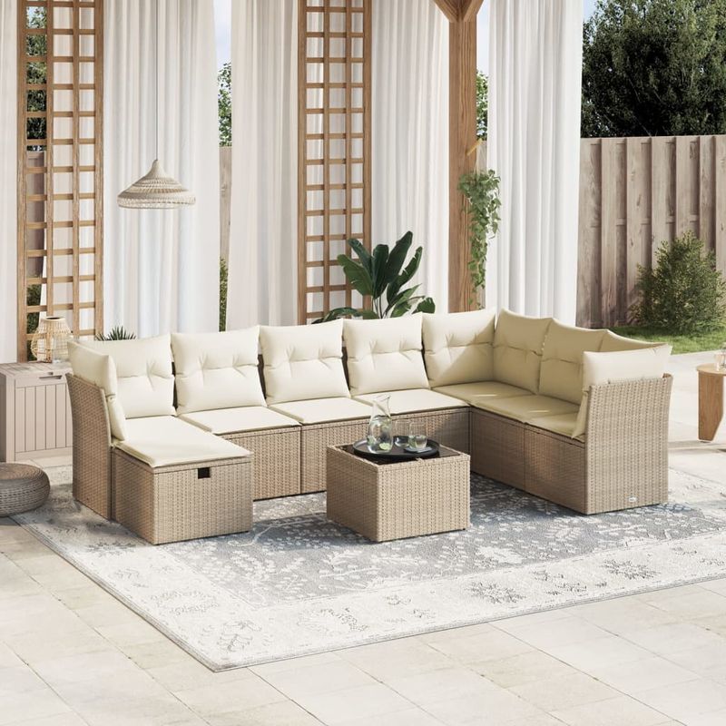 Casa si Gradina - Gradina si terasa - Mobilier exterior - Seturi mobila gradina - Set canapele de gradina, 9 piese, cu perne, bej, poliratan - Infinity.ro