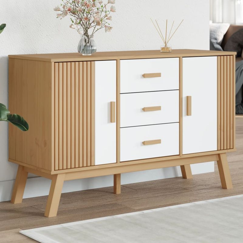 Casa si Gradina - Mobilier - Comode si corpuri - Comode - Servanta "OLDEN", alb si maro, 114x43x73,5 cm, lemn masiv pin - Infinity.ro