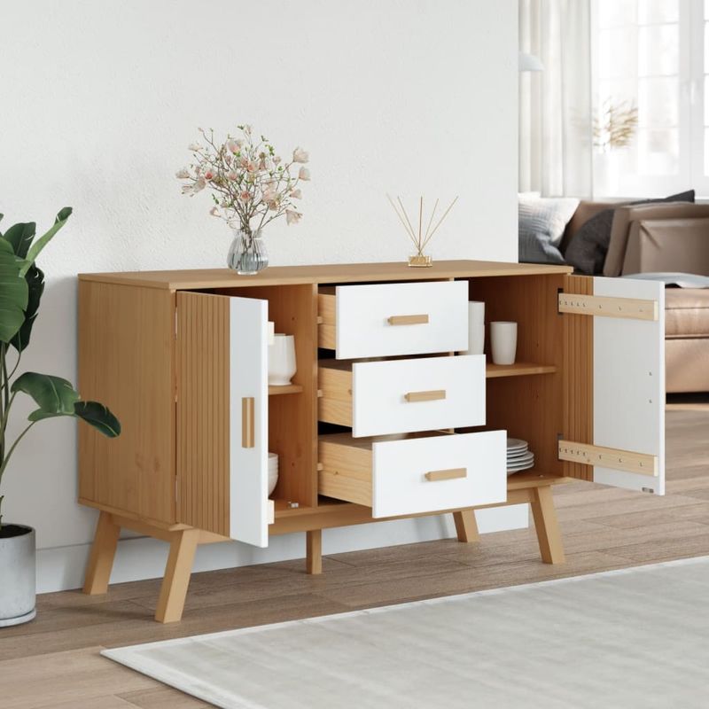 Casa si Gradina - Mobilier - Comode si corpuri - Comode - Servanta "OLDEN", alb si maro, 114x43x73,5 cm, lemn masiv pin - Infinity.ro