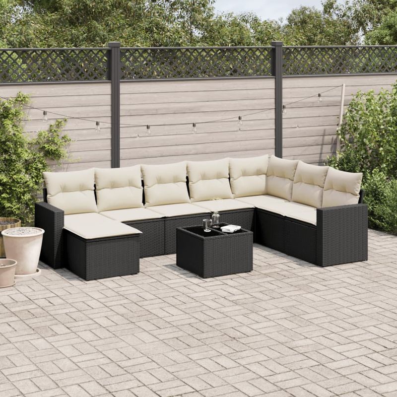 Casa si Gradina - Gradina si terasa - Mobilier exterior - Canapele si fotolii gradina - Set mobilier de gradina cu perne, 9 piese, negru, poliratan - Infinity.ro