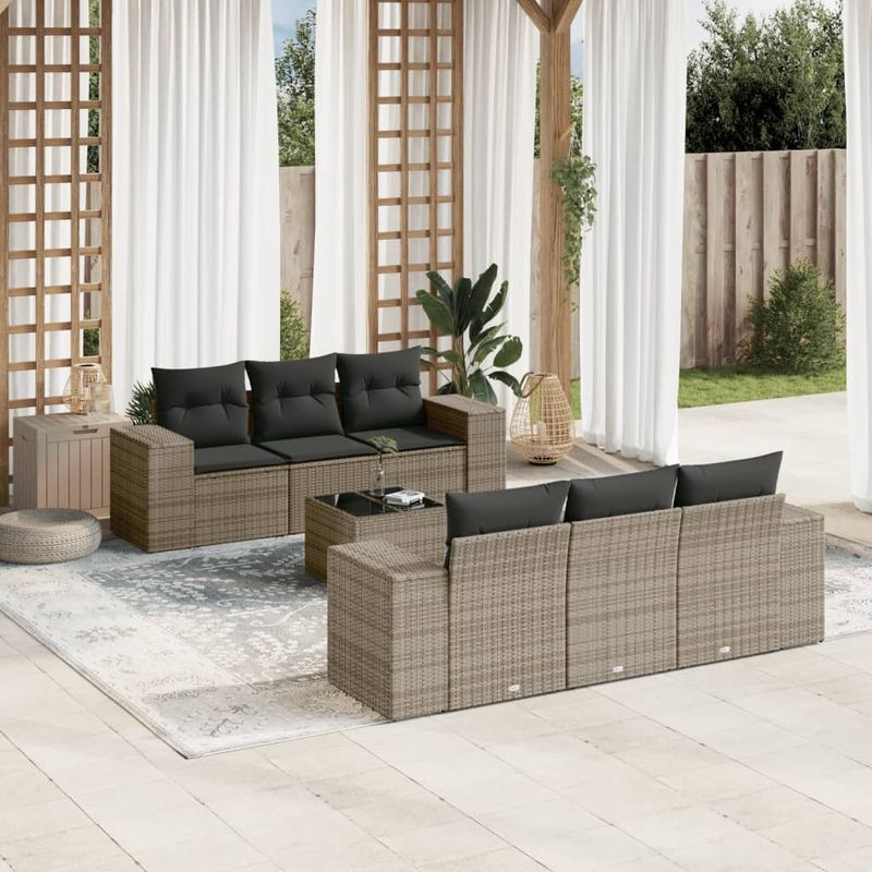 Casa si Gradina - Gradina si terasa - Mobilier exterior - Canapele si fotolii gradina - Set canapele de gradina, 7 piese, cu perne, gri, poliratan - Infinity.ro