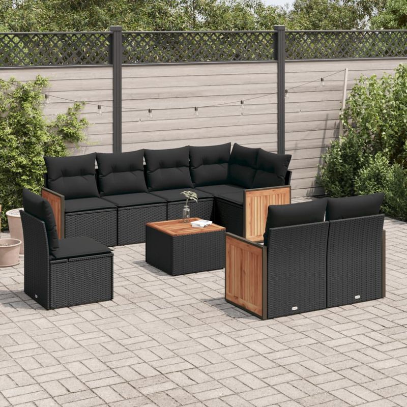 Casa si Gradina - Gradina si terasa - Mobilier exterior - Seturi mobila gradina - Set mobilier de gradina cu perne, 9 piese, negru, poliratan - Infinity.ro