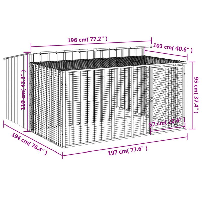 Petshop - Accesorii petshop - Culcusuri si custi - Custi interior si exterior - Cusca caine cu tarc antracit 197x194x110 cm otel galvanizat - Infinity.ro
