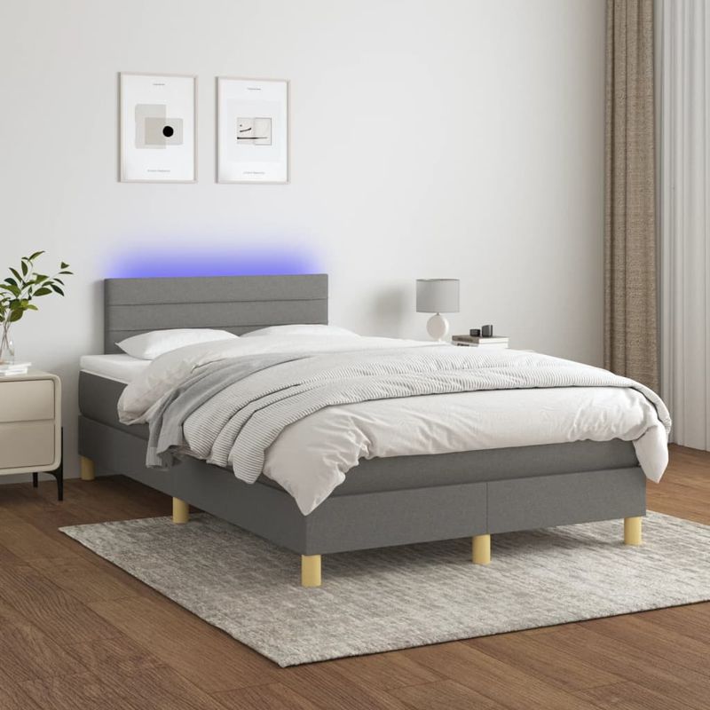 Casa si Gradina - Mobilier - Paturi si accesorii - Paturi - Pat cu arcuri, saltea si LED, gri inchis, 120x190 cm, textil - Infinity.ro