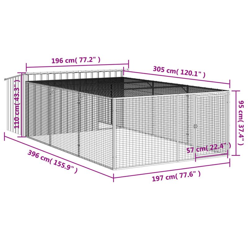Petshop - Accesorii petshop - Culcusuri si custi - Custi interior si exterior - Cusca caine cu tarc antracit 197x396x110 cm otel galvanizat - Infinity.ro