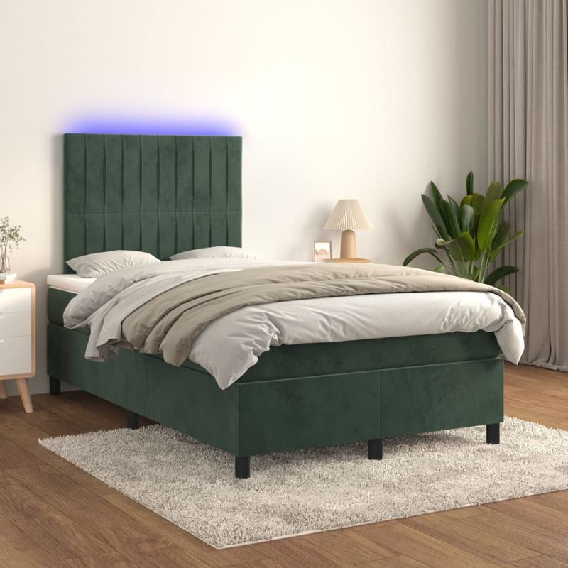 Casa si Gradina - Mobilier - Paturi si accesorii - Paturi - Pat continental cu saltea și LED, saltea și LED, verde inchis, 120x200 cm, catifea, model benzi verticale - Infinity.ro