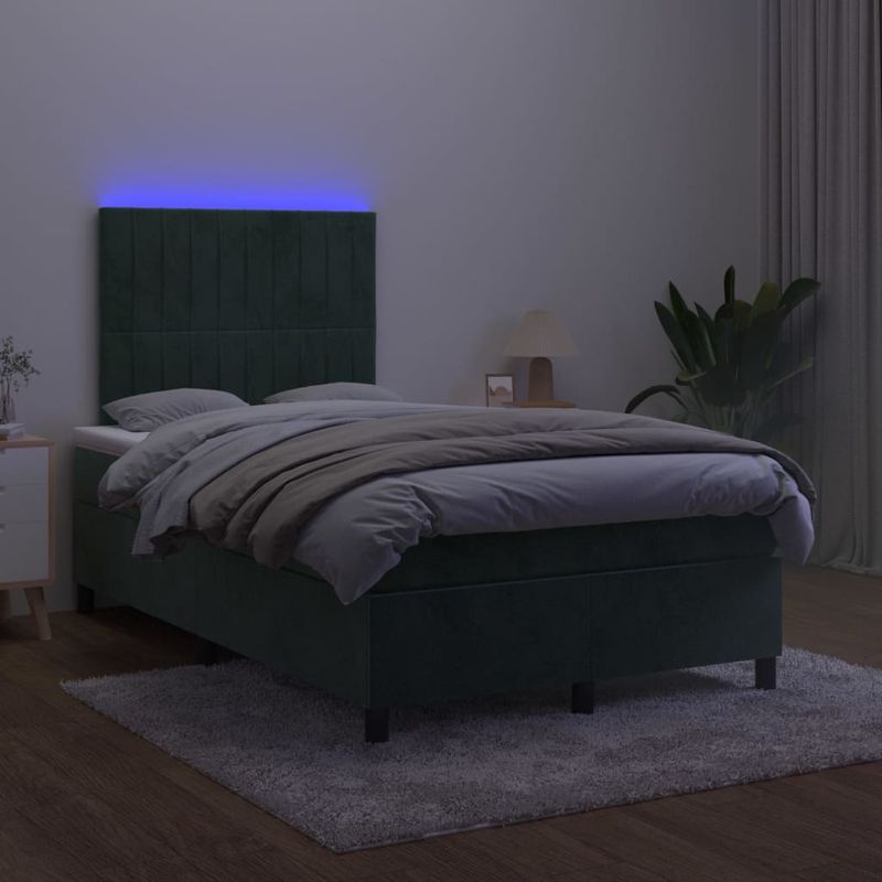 Casa si Gradina - Mobilier - Paturi si accesorii - Paturi - Pat continental cu saltea și LED, saltea și LED, verde inchis, 120x200 cm, catifea, model benzi verticale - Infinity.ro