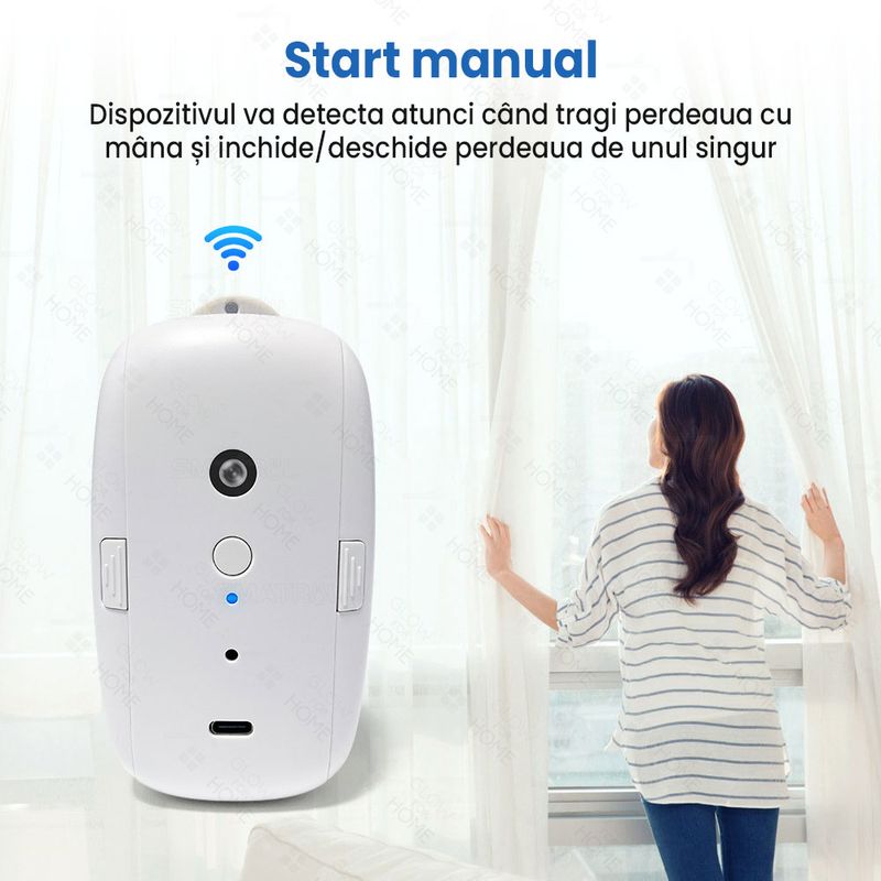 Casa si Gradina - Textile si covoare - Perdele si draperii - Accesorii perdele si draperii - Dispozitiv inteligent pentru inchis/deschis perdele/draperii, GlowforHome, sina tip U Rail, tija rod, bluetooth, USB-C - Infinity.ro