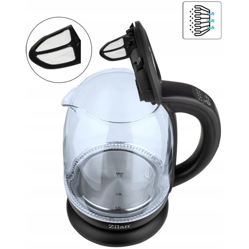 Electronice si Electrocasnice - Electrocasnice bucatarie - Preparare bauturi - Fierbatoare de apa - Fierbator Apa ZILAN ZLN-3956, 2200W, 1.7L, Control Temperatura, Iluminare LED, Sticla - Infinity.ro