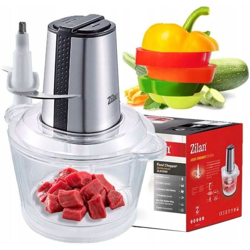 Electronice si Electrocasnice - Electrocasnice bucatarie - Mixere, tocatoare & roboti de bucatarie - Blendere si mini tocatoare - Tocator legume-fructe ZILAN ZLN-3888, Putere 300W, Vas din sticla 1.6L, 4 lame inox, 2 trepte de viteza - Infinity.ro