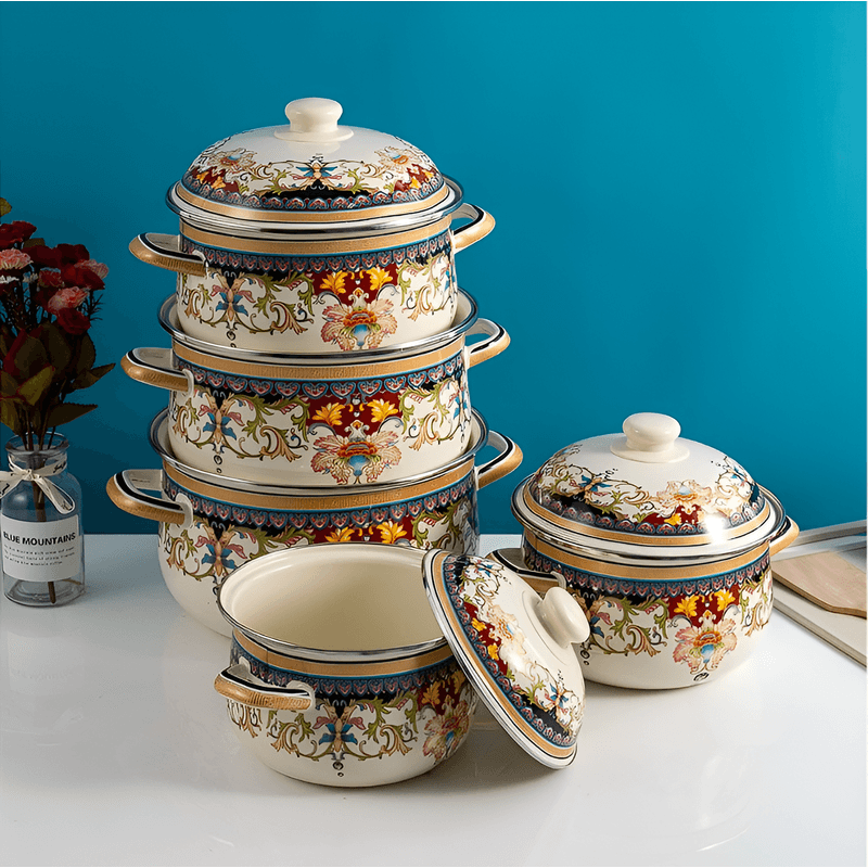 Casa si Gradina - Bucatarie si vesela - Vase pentru gatit - Oale si cratite - Set 5 oale emailate, Longfei Group, 1.8l/3.3l/4l/5.3l/6.4l, Galben - Infinity.ro