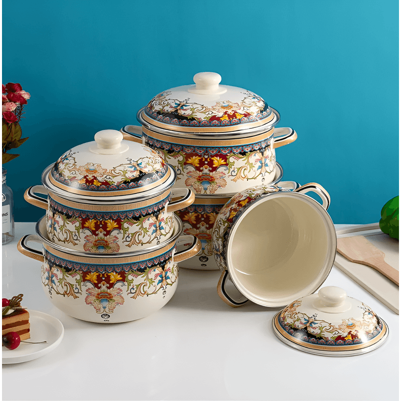 Casa si Gradina - Bucatarie si vesela - Vase pentru gatit - Oale si cratite - Set 5 oale emailate, Longfei Group, 1.8l/3.3l/4l/5.3l/6.4l, Galben - Infinity.ro