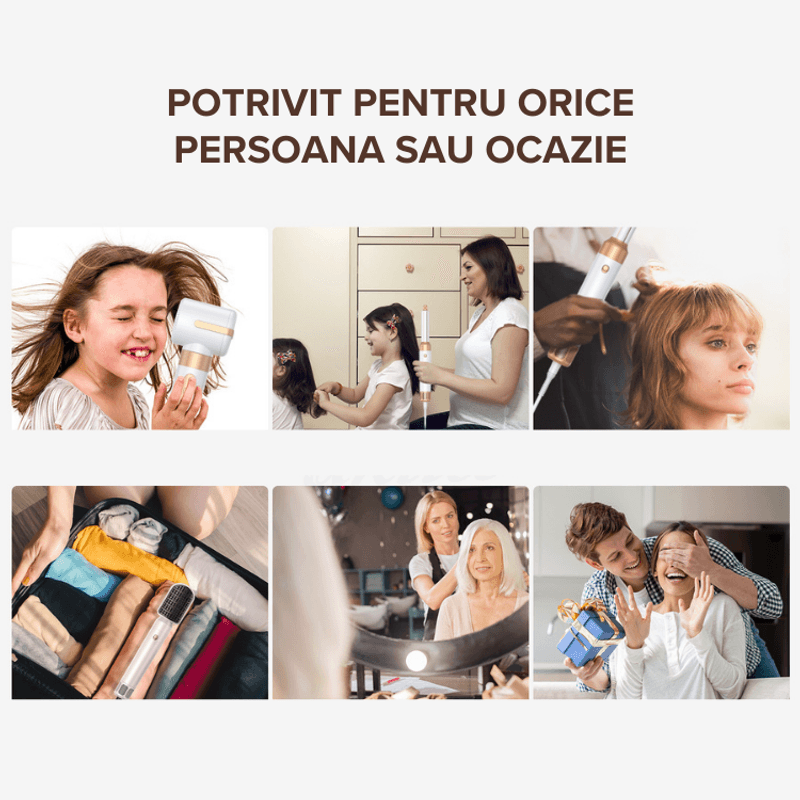 Ingrijire personala si Cosmetice - Aparate & accesorii ingrijire personala - Hair styling - Uscatoare de par - Uscator de par Profesional 7 in 1 ATOMKIT, Set Wrap Air Styler 110000 RPM, IONIZARE, salon personal,  Alb cu diamante - Infinity.ro