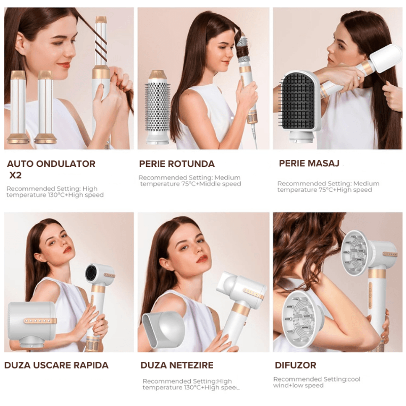 Ingrijire personala si Cosmetice - Aparate & accesorii ingrijire personala - Hair styling - Uscatoare de par - Uscator de par Profesional 7 in 1 ATOMKIT, Set Wrap Air Styler 110000 RPM, IONIZARE, salon personal,  Alb cu diamante - Infinity.ro