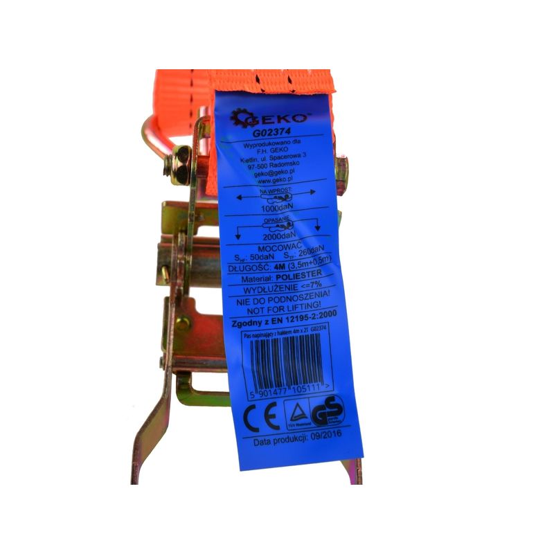 Auto si Moto - Piese auto si accesorii - Caroserie - Sisteme de tractare - Chinga ancorare cu clichet 4m / 2T / 40mm, GEKO G02374 - Infinity.ro