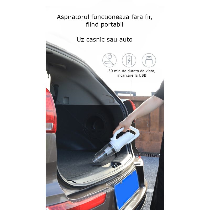 Auto si Moto - Intretinere auto - Aspiratoare auto - Aspirator auto sau de uz casnic, cu putere de aspiratie, portabil, fara fir, cu accesorii, 120W, 12000 Pa, 6000 mAh, alb - Infinity.ro