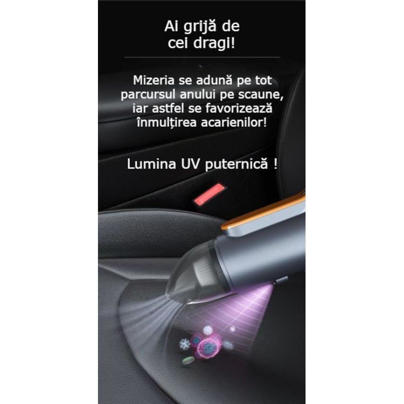 Auto si Moto - Intretinere auto - Aspiratoare auto - Aspirator auto sau de uz casnic, putere mare de aspiratie, portabil, fara fir, anti-acarieni, lumina UV, 80W, 13000 Pa - Infinity.ro