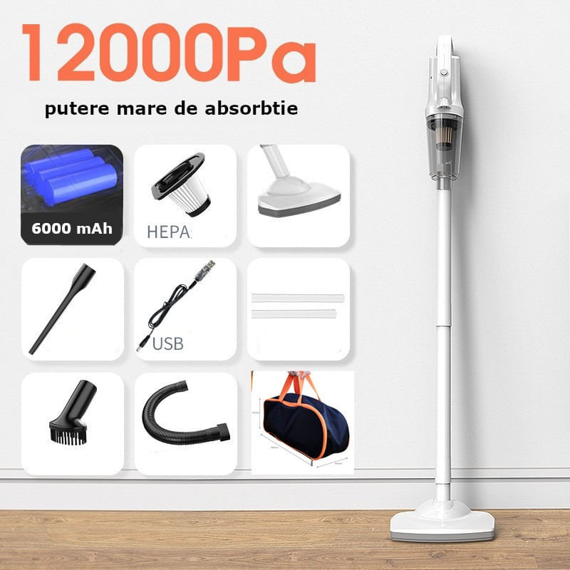 Auto si Moto - Intretinere auto - Aspiratoare auto - Aspirator auto sau de uz casnic, cu putere de aspiratie, portabil, fara fir, cu accesorii, 120W, 12000 Pa, 6000 mAh, alb - Infinity.ro