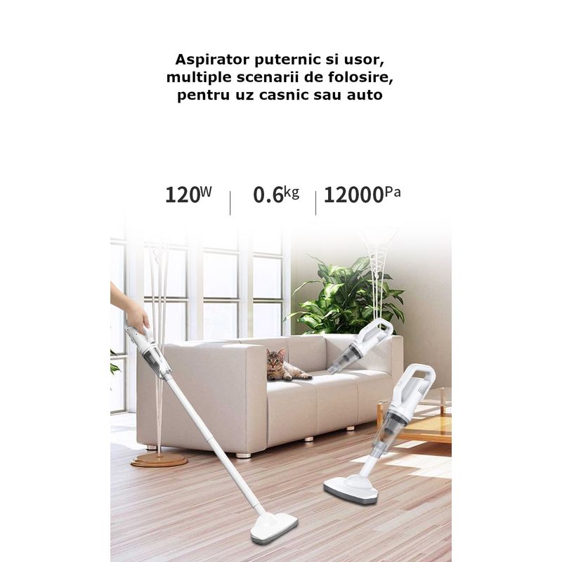 Auto si Moto - Intretinere auto - Aspiratoare auto - Aspirator auto sau de uz casnic, cu putere de aspiratie, portabil, fara fir, cu accesorii, 120W, 12000 Pa, 6000 mAh, alb - Infinity.ro