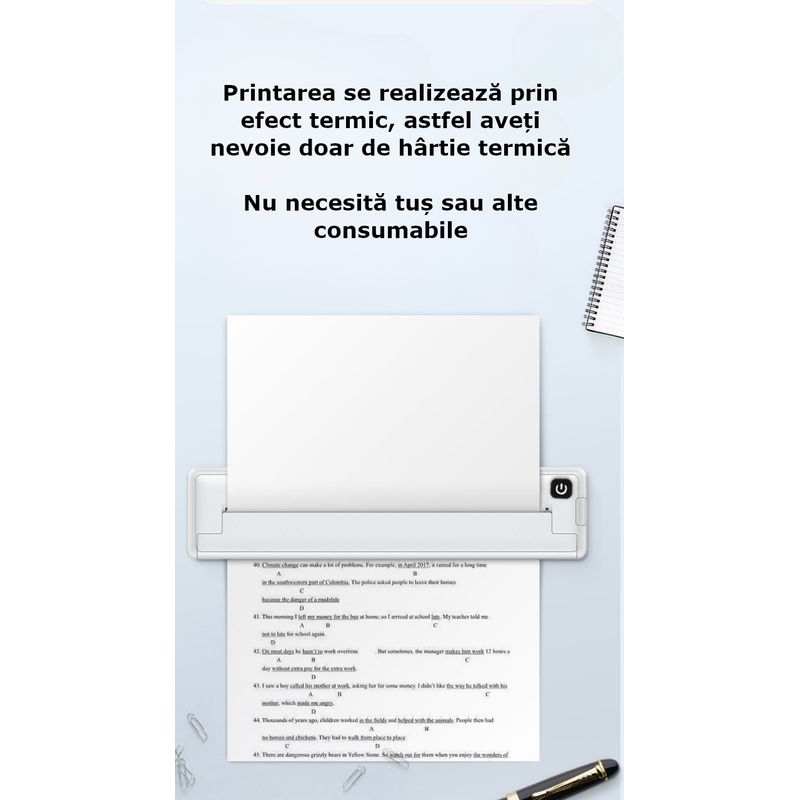 PC, gaming si accesorii - Imprimante, scanere & consumabile - Imprimante - Imprimante termice - Mini imprimanta termica, fara fir, fara tus, A4, Bluetooth, compatibila cu iOS / Android, 1000 mAh, 100 foi incluse - Infinity.ro