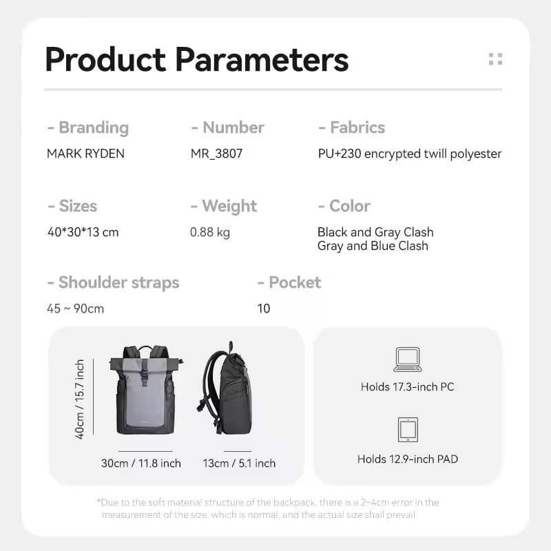 Fashion, accesorii si bijuterii - Barbati - Accesorii barbati - Genti si rucsacuri barbati - Rucsac usor Mark Ryden Smart , Laptop de 17.3, rezist la apa, 40 x 30 x 13 cm, gri - Infinity.ro