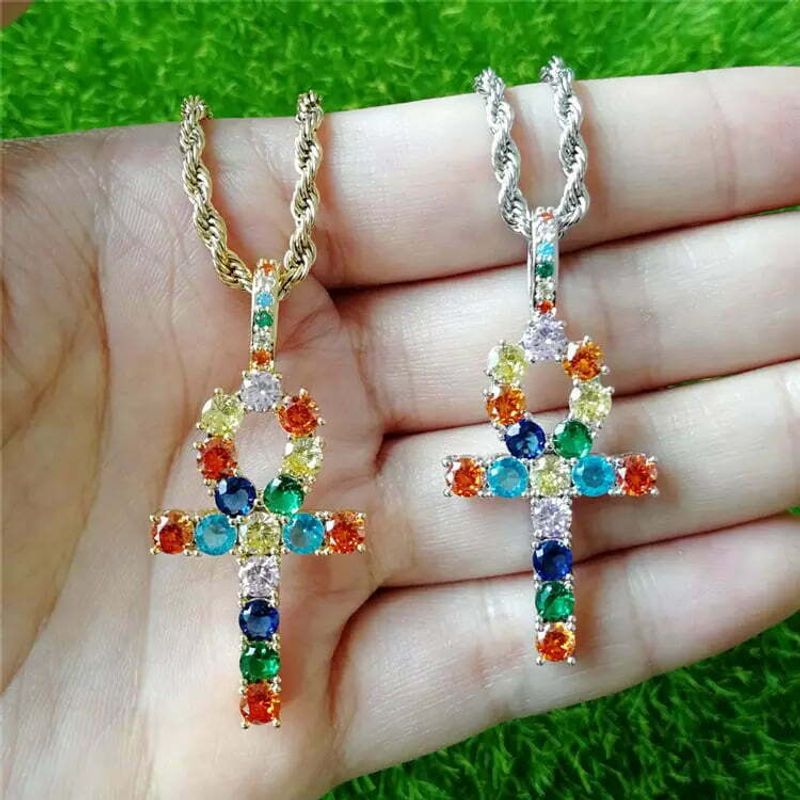 Fashion, accesorii si bijuterii - Femei - Bijuterii femei - Coliere femei - Colier MBrands cu pandantiv in forma ankh, cristale zirconiu colorate - Argintiu - Infinity.ro