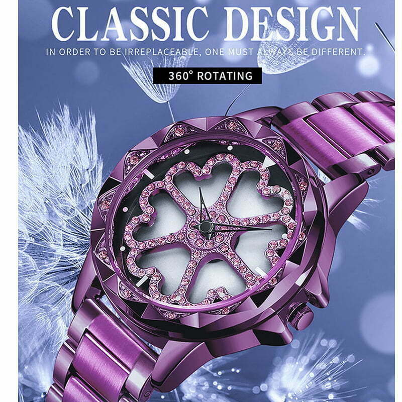 Fashion, accesorii si bijuterii - Femei - Bijuterii femei - Ceasuri femei - Ceas de dama Sanda, cadran in forma de inimioare rotative 360 grade - Mov - Infinity.ro