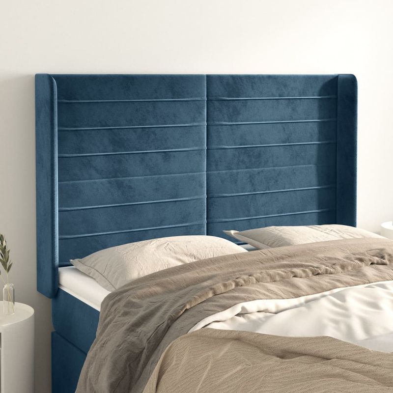 Casa si Gradina - Mobilier - Paturi si accesorii - Accesorii paturi - Tablie pat cu urechi albastru inchis 147x16x118/128 cm catifea - Infinity.ro
