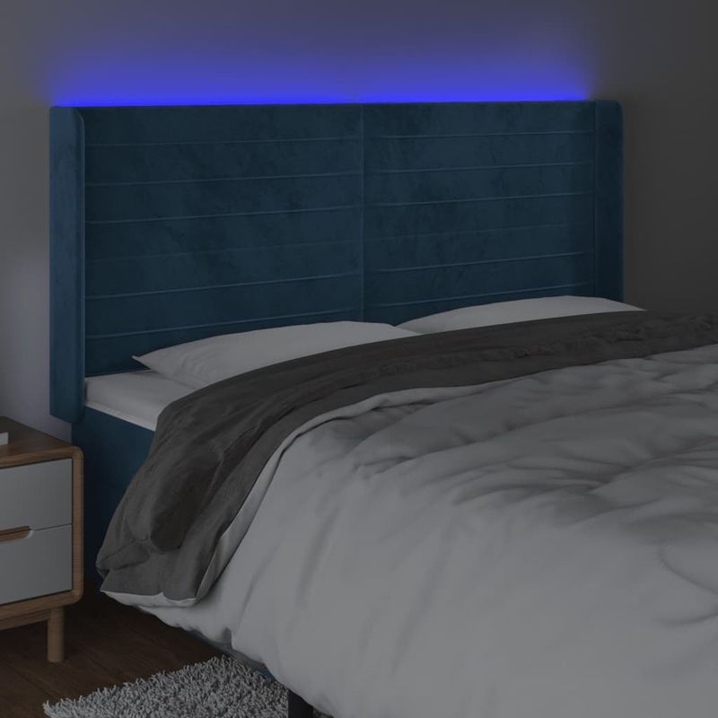 Casa si Gradina - Mobilier - Paturi si accesorii - Accesorii paturi - Tablie de pat cu LED, albastru inchis, 183x16x118/128cm catifea - Infinity.ro