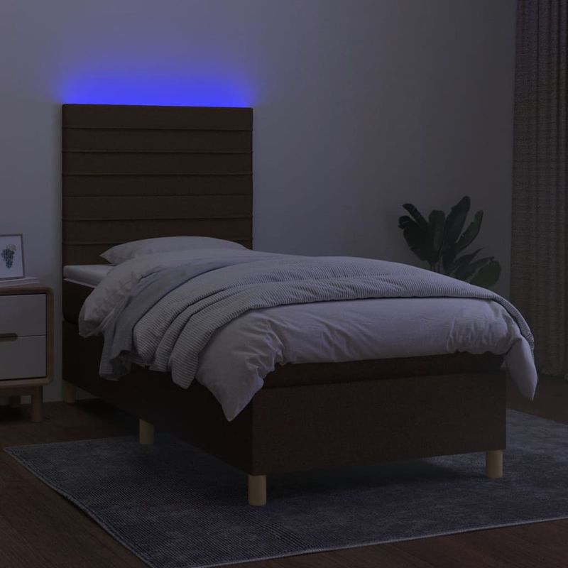 Casa si Gradina - Mobilier - Paturi si accesorii - Paturi - Pat cu arcuri, saltea si LED, maro inchis, 90x200 cm, textil - Infinity.ro