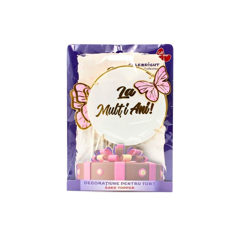 Casa si Gradina - Decoratiuni - Decoratiuni petrecere - Accesorii pentru petrecere - Cake Topper tort La Multi ani - fluturasi roz - Infinity.ro