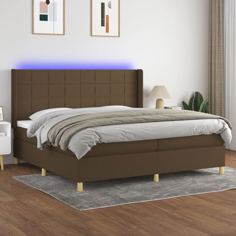 Casa si Gradina - Mobilier - Paturi si accesorii - Paturi - Pat cu arcuri, saltea si LED, maro inchis, 200x200 cm, textil - Infinity.ro