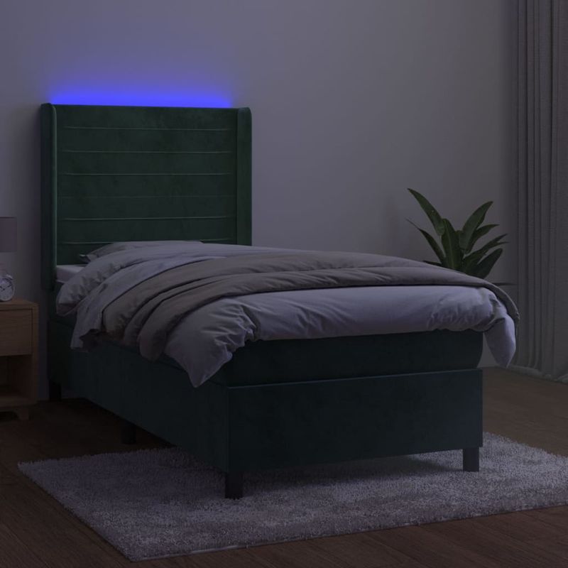 Casa si Gradina - Mobilier - Paturi si accesorii - Paturi - Pat cu arcuri, saltea si LED, verde, 90x200 cm, catifea - Infinity.ro