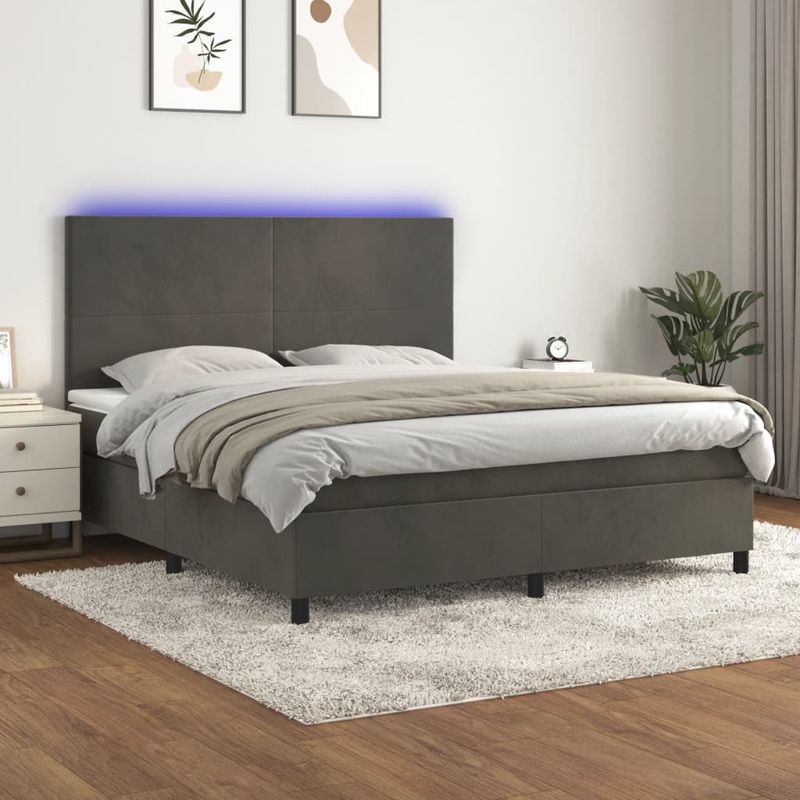 Casa si Gradina - Mobilier - Paturi si accesorii - Paturi - Pat cu arcuri, saltea si LED, gri inchis, 180x200 cm, catifea - Infinity.ro