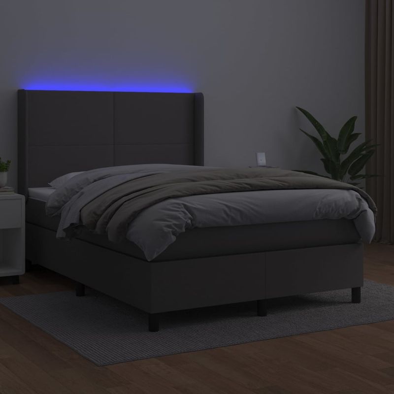 Casa si Gradina - Mobilier - Paturi si accesorii - Paturi - Pat cu arcuri, cu saltea si LED, gri, 140x200 cm, piele eco - Infinity.ro