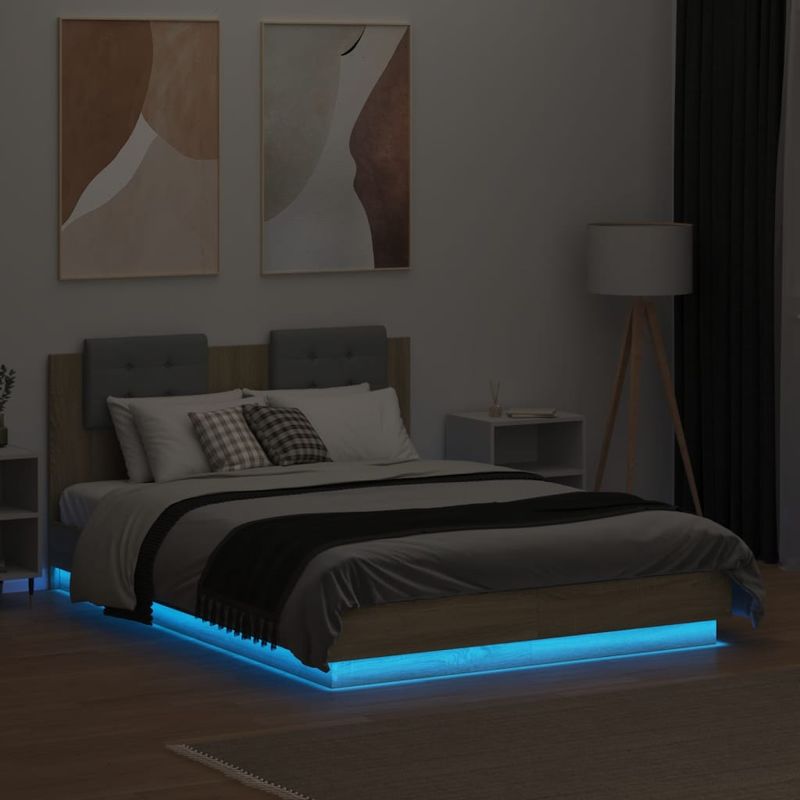 Casa si Gradina - Mobilier - Paturi si accesorii - Paturi - Cadru de pat cu tablie si lumini LED, stejar sonoma, 120x190 cm - Infinity.ro