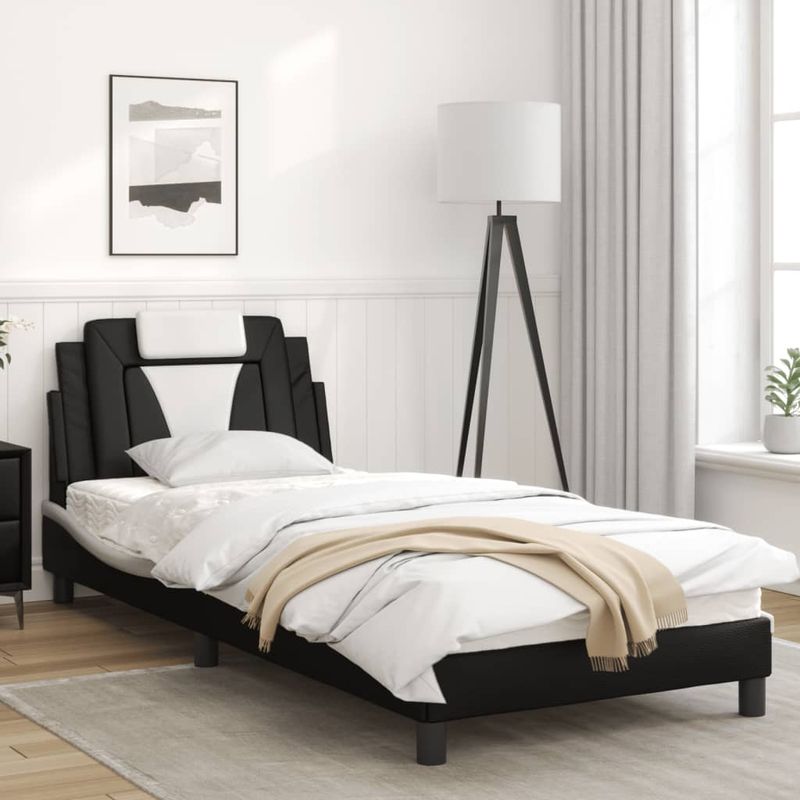 Casa si Gradina - Mobilier - Paturi si accesorii - Paturi - Cadru de pat cu lumini LED negru/alb 90x190 cm piele ecologica - Infinity.ro