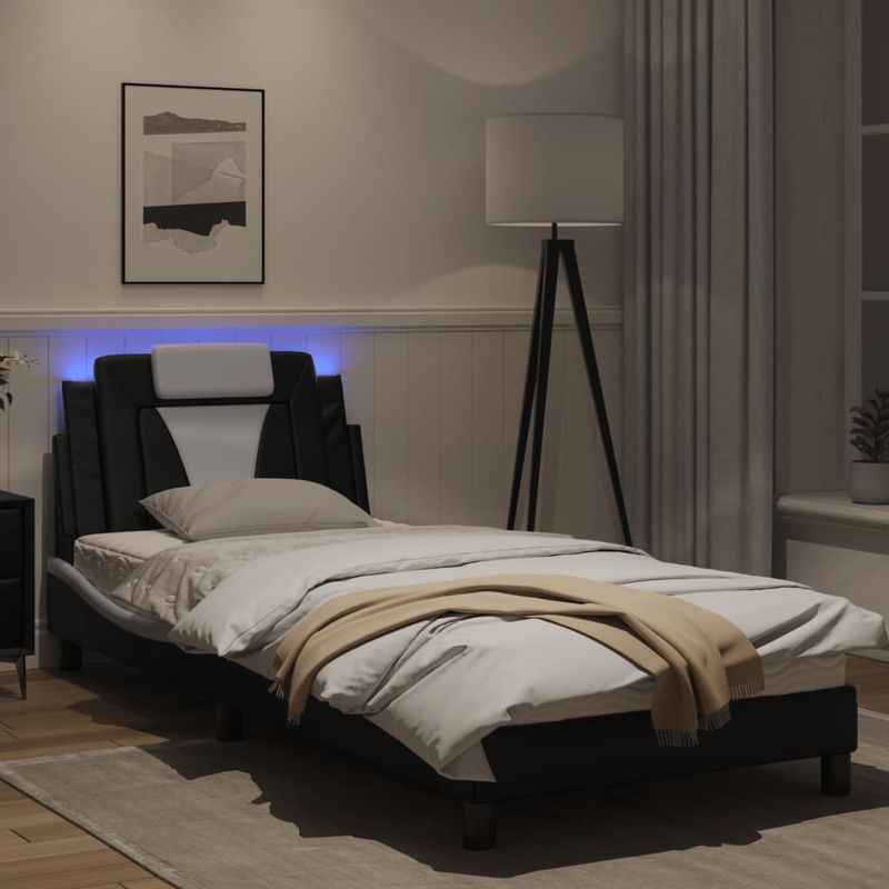Casa si Gradina - Mobilier - Paturi si accesorii - Paturi - Cadru de pat cu lumini LED negru/alb 90x190 cm piele ecologica - Infinity.ro