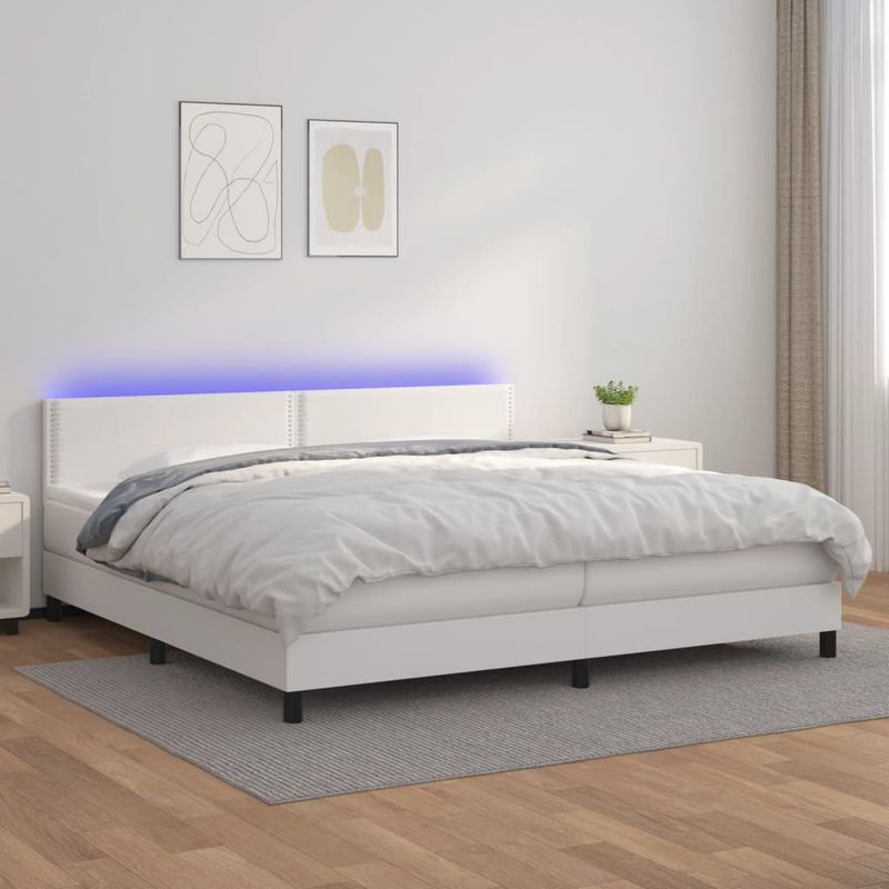 Casa si Gradina - Mobilier - Paturi si accesorii - Paturi - Pat continental cu saltea și LED, saltea și LED, alb, 200x200 cm, piele ecologica, model unică și cuie de tapițerie - Infinity.ro