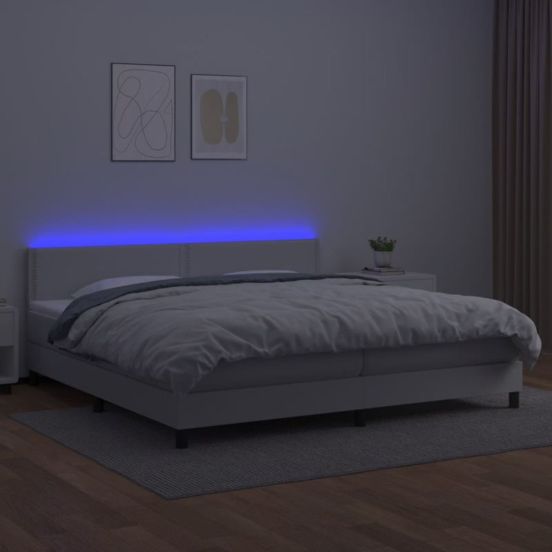 Casa si Gradina - Mobilier - Paturi si accesorii - Paturi - Pat continental cu saltea și LED, saltea și LED, alb, 200x200 cm, piele ecologica, model unică și cuie de tapițerie - Infinity.ro