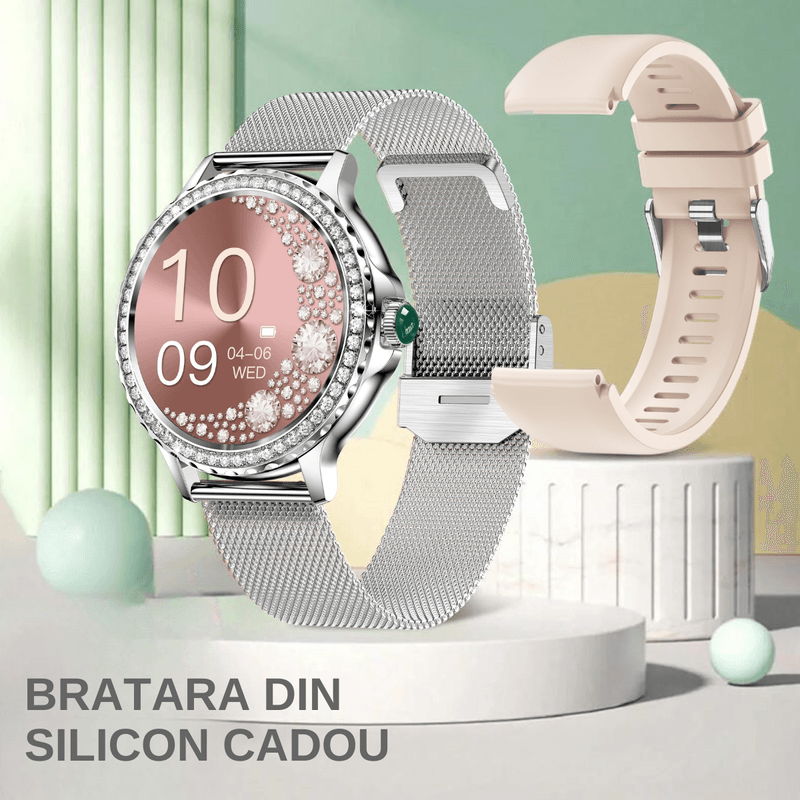 Laptop, Telefoane si Tablete - Wearables si gadgeturi - Wearables - Smartwatch-uri - Ceas smartwatch dama, 2 bratari metalica+siliconica, Folie protectie display, Monitorizare cardiac, Tensiune, Argintiu - Infinity.ro