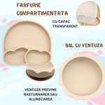 Jucarii, Copii si Bebe - Hrana si alaptare - Biberoane, suzete si accesorii hranire - Articole hranire bebelusi - Set hranire bebe, BLEKSY®, Baveta, Bol cu Ventuza, Farfurie cu Capac, Pahar, Lingurita si Furculita, Fara Alergeni, Bej - Infinity.ro
