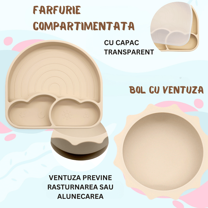 Jucarii, Copii si Bebe - Hrana si alaptare - Biberoane, suzete si accesorii hranire - Articole hranire bebelusi - Set hranire bebe, BLEKSY®, Baveta, Bol cu Ventuza, Farfurie cu Capac, Pahar, Lingurita si Furculita, Fara Alergeni, Bej - Infinity.ro
