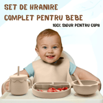 Jucarii, Copii si Bebe - Hrana si alaptare - Biberoane, suzete si accesorii hranire - Articole hranire bebelusi - Set hranire bebe, BLEKSY®, Baveta, Bol cu Ventuza, Farfurie cu Capac, Pahar, Lingurita si Furculita, Fara Alergeni, Bej - Infinity.ro
